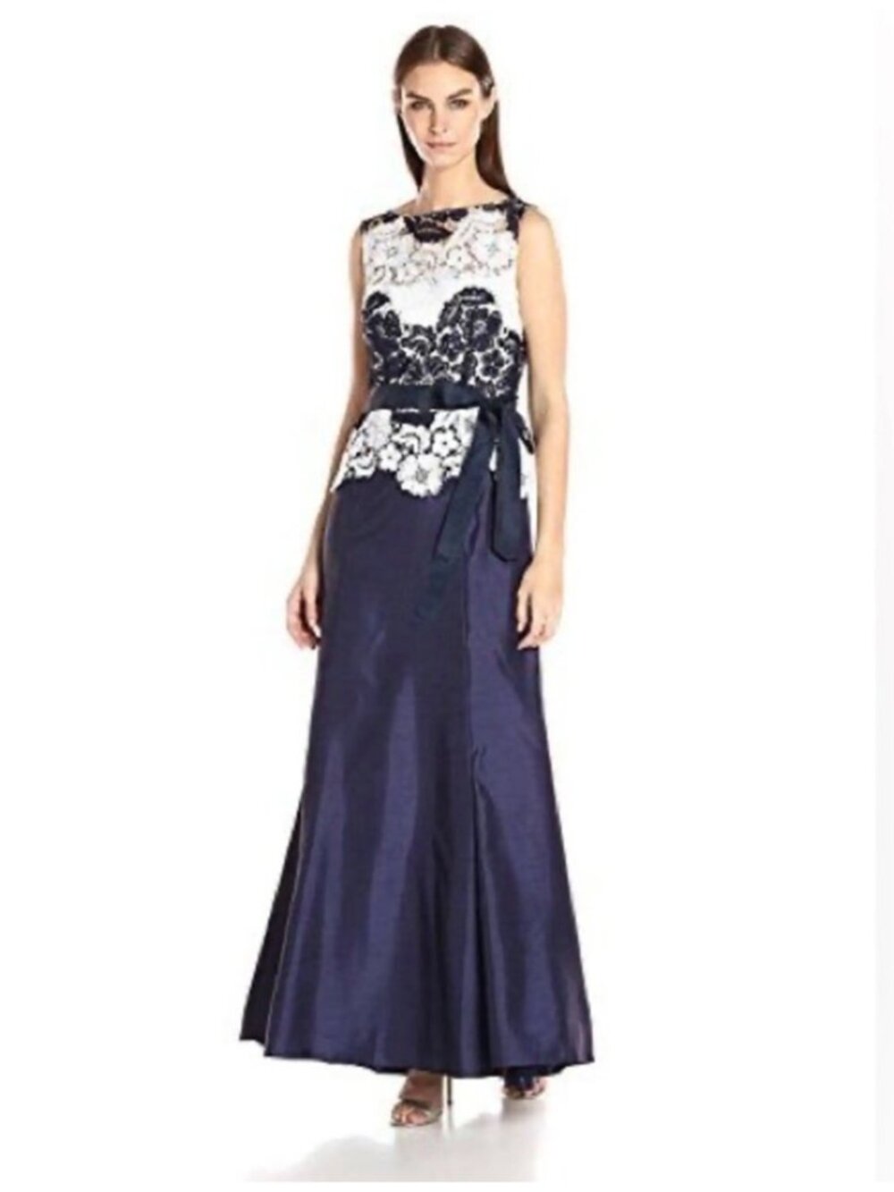 Tahari A.S. Levine Women’s High Neck Sleeveless Navy & White Lace Gown Size 14